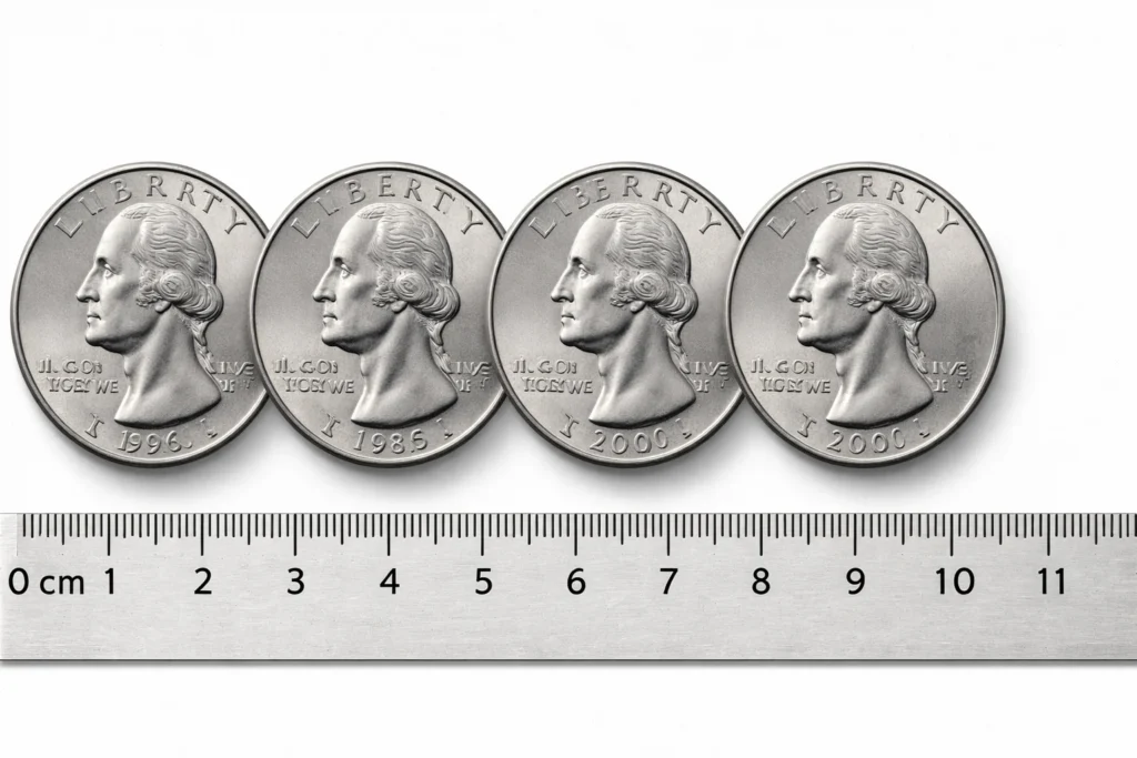 four US quarters side by side 10 cm measurement reference