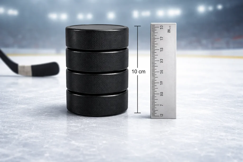 four hockey pucks stacked height 10 cm NHL sports reference